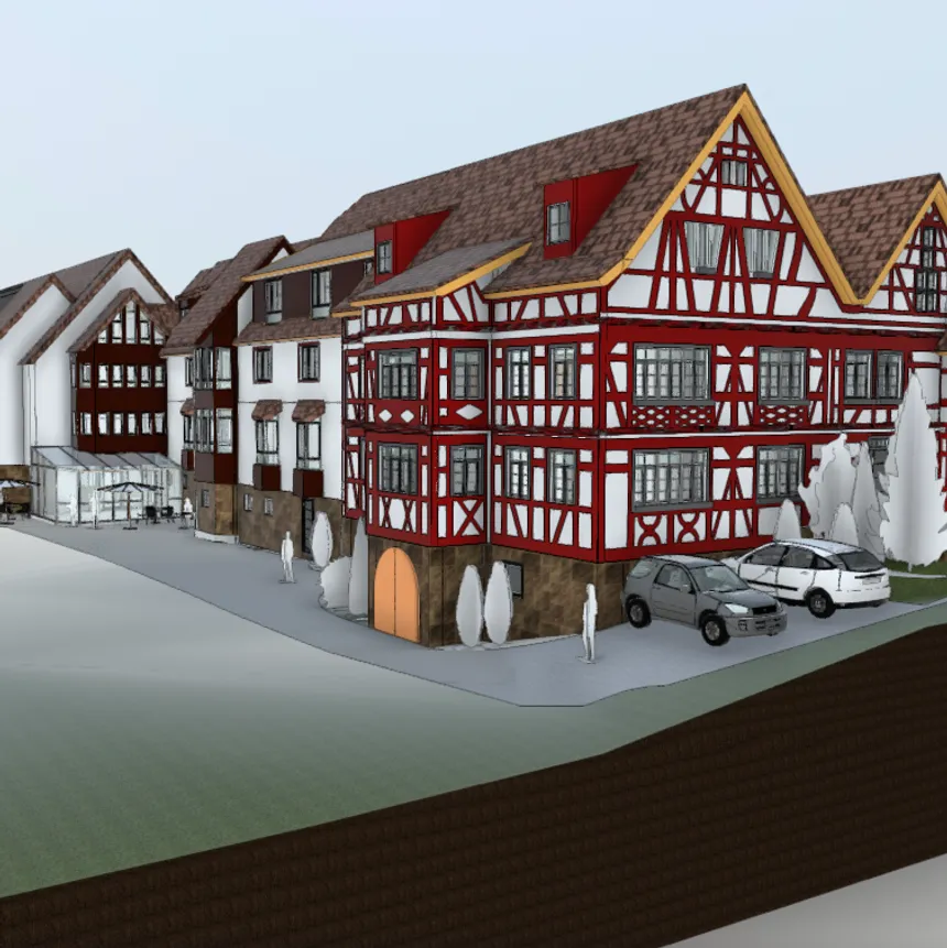 3D-Gebäudemodell eines historischen Klosterhof-Ensembles — Entwurf von S-Projekt architektur